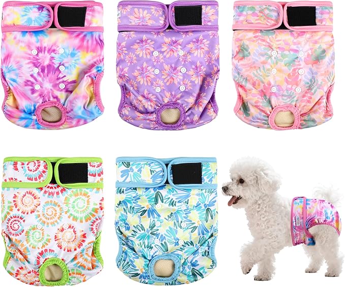Dog Diapers Female 5pcs,Reusable Dog Doggie Puppy Doggy Diapers Female, Period Panties in Heat, Tiedye, Small