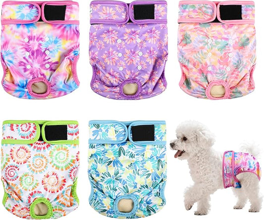 Dog Diapers Female 5pcs,Reusable Dog Doggie Puppy Doggy Diapers Female, Period Panties in Heat, Tiedye, Small