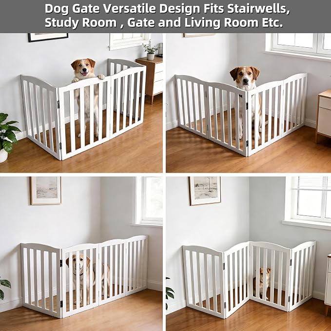 Freestanding Dog Gate Indoor,Doggie Gate Foldable Pet Gates for Doorways,Stairs or Hallways, Wooden White Pet Gate for the House, Pet Fence,24 "Height-4 Panels