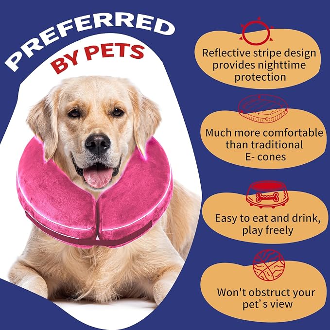 Inflatable Reflective Dog Cone Collar Alternative After Surgery,Doggie Recovery Dount Neck Ecollar,Adjustable Soft Dog Cone Collar for Small Medium Large Dogs (Pink, S)