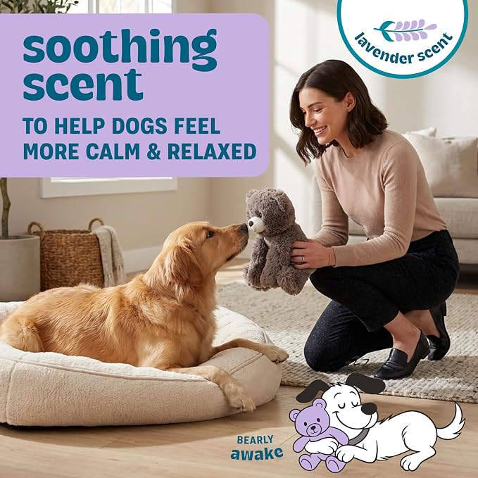 Calming Plush Dog Toy with Squeaker, Ultra-Soft Floppy Cuddle Companion, Lavender Scented, Bear, Large, 11.8”