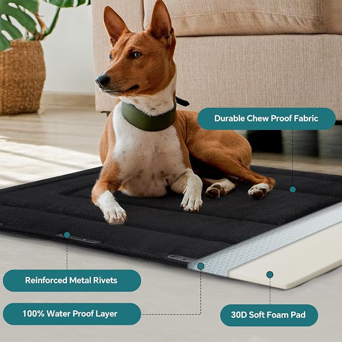 HOMBYS Chew Proof Foam Dog Bed 35"x22" with 14 Reinforced Metal Rivets, Indestructible Crate Pad for Medium/Large Dogs, Super Chew Resistant Fabric & Water Washable Kennel Mat, Black