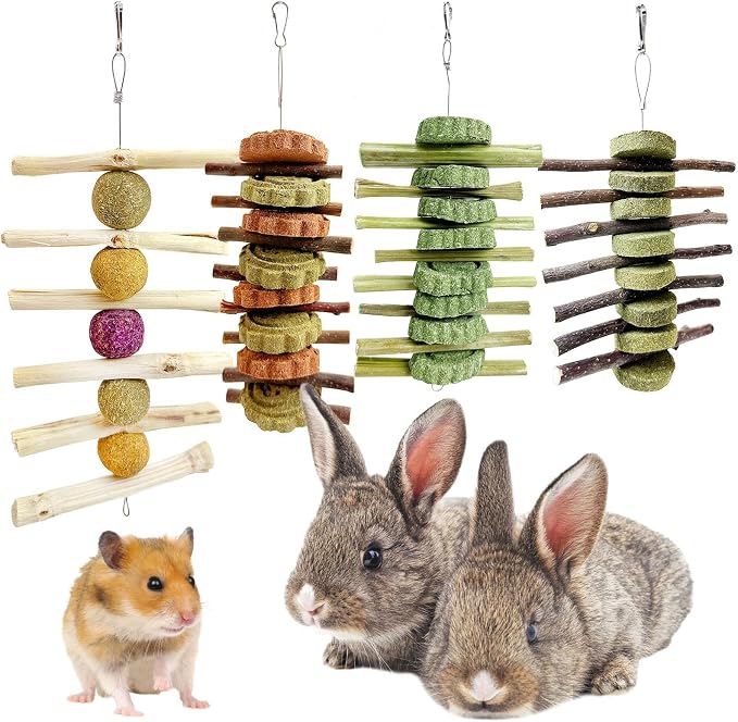 Hamiledyi 4 Pcs Rabbit Cage Mats Small Animal Plastic Feet Pads Floor Mat 4PCS Bunny Chew Toys Rabbit Toys for Teeth Grinding Natural Fruit Sticks Timothy Grass Small Animal Chew Toys and Treats