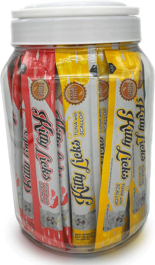 Rena's Recipe Kitty Licks Lickable Cat Treats, Tuna Variety Pack, 60 Tubes | Creamy grain-free tuna purée squeeze treats in a convenient 60-tube variety pack.
