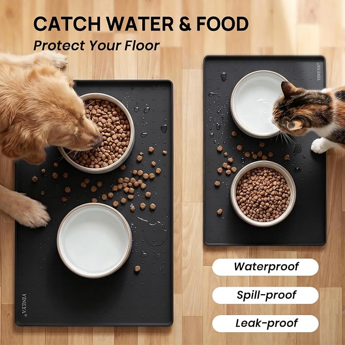 YINEYA Silicone Dog & Cat Food Mat Waterproof 18" x 12", Raised Edge Dog Bowl Mat for Food and Water, BPA-Free Non-Slip Pet Feeding Mats for Floors, Multifunctional Silicone Mat (Black)