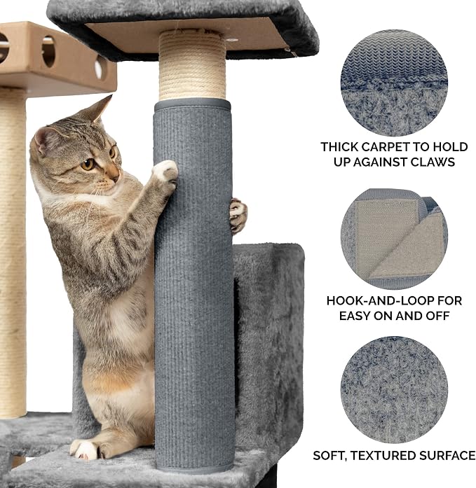 Furhaven Wrap Around Scratching Post Cover for Indoor Cats, Fits Posts Up to 3.5" Diameter, Durable & Less Mess - Tiger Tough Carpet Scratch Mat - Gray, Small