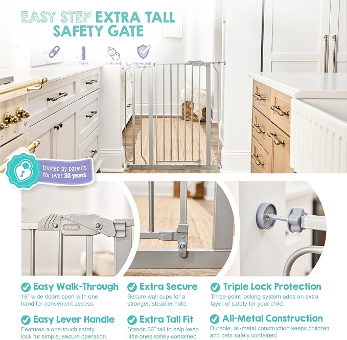 Regalo Safety 36” Extra Tall Baby Gate for Doorways & Bottom of Stairs, Pressure Mounted Baby Gate with Door for Babies, Toddlers & Pets, Tested & Safe, American Designed and Owned, Platinum