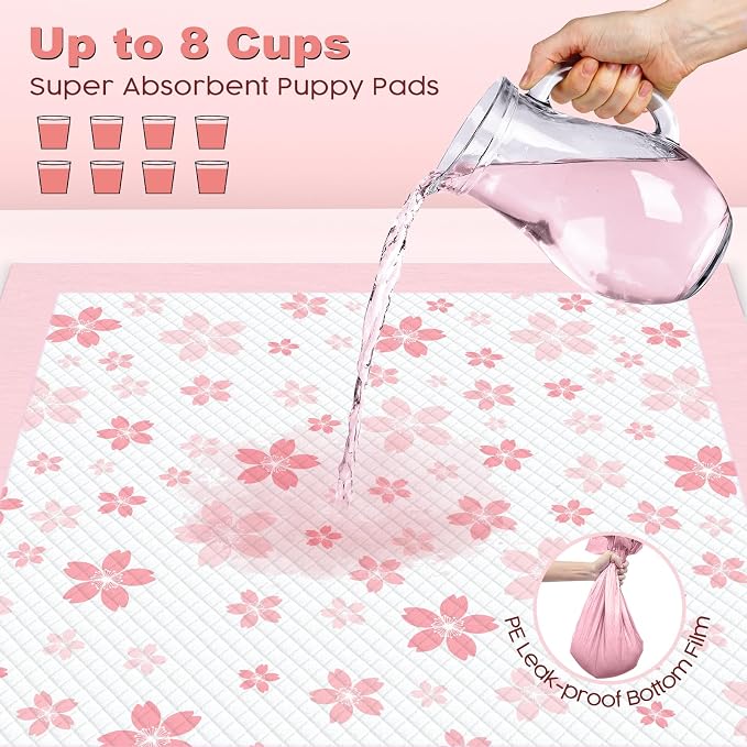 MIZOK 100 Counts Dog Pee Pads Extra Large 28"x34", Potty Pads for Big Dog Breeds, Super Absorbent & Leak-Proof, Pink Cherry Blossom Prints, 4-Corner Adhesive Tabs, Thick & Heavy, XL