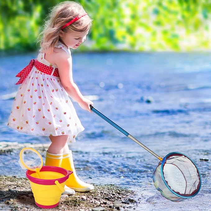 2 Pack Telescopic Kids Fishing Net with Handle, 2 Collapsible Bucket Sand Pail, Stainless Steel Foldable Fishing Net Small Fishing Butterfly Bug Net Beach Shovel with Storage Bag