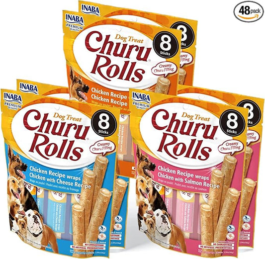 INABA Churu Rolls for Dogs, Grain-Free, Soft/Chewy Baked Chicken Wrapped Churu Filled Dog Treats, 0.42 Ounces Each Stick (8 Sticks per Pack), 3 Flavor Variety Pack (48 Sticks)