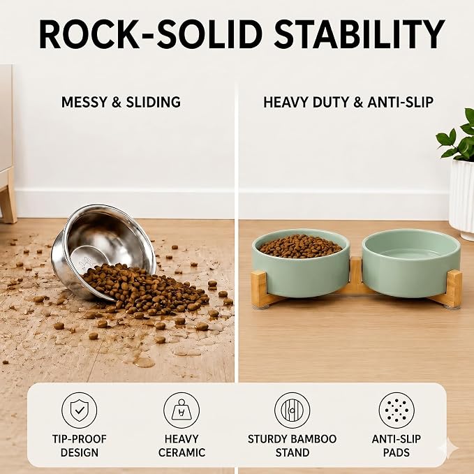 SPUNKYJUNKY Ceramic Dog and Cat Bowl Set with Wooden Stand, Modern Cute Weighted Food Water Set for Small Size Dogs (13.5OZ) & Medium Sized Dogs (28.7OZ) & Cats (1.7 Cups, 2 × Morandi Green)