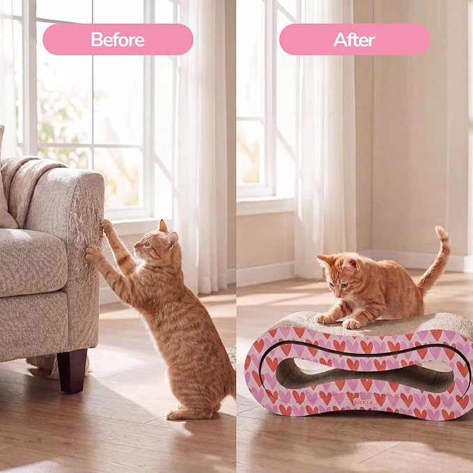 Suvi 26" Modern Cardboard Infinity 2-in-1 Lounge Bed Cat Scratcher with Catnip, Red Hearts, Corrugated Scratching Surface and Tunnel for Indoor Cats CSR1014H