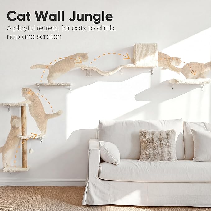 FUKUMARU Cat Wall Shelves, Stable & Safe 4 in 1 Cat Walls Furniture Set, Wooden Kitten Climbing Wall with Scratching Post for 16 Inch Drywall - Beige