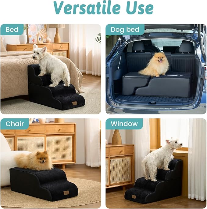 COZY KISS Detachable Curved Dog Stairs 19.7" H, 4 Step Small Dog Step for Puppy or Older Cat, Ramp for Bed, Sofa, Couch or Chair, Ladder with High Density Foam, 17.7x28.3x19.7 inch, Black