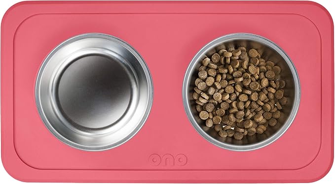 Ono Good Bowl Food & Water Double Feeder - Small to Medium Pets No Spill Non Skid Silicone Mat & Stainless Steel Bowls for Dogs or Cats (Coral)