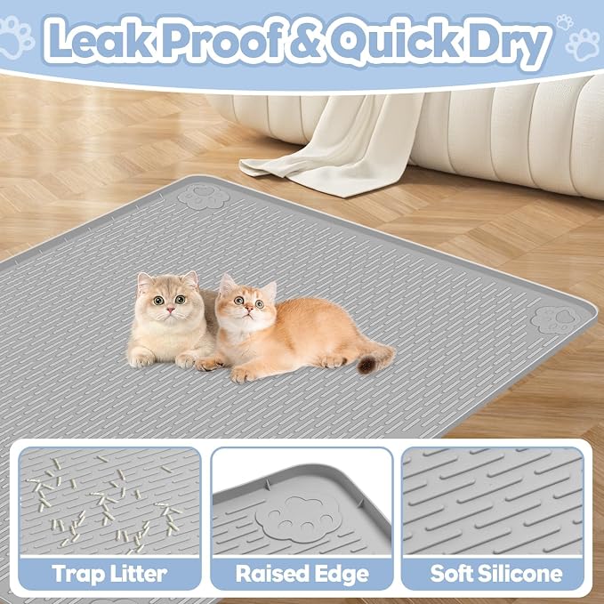 Kalolary Cat Litter Box Mats, Large 34" x 22" Silicone Cat Mat, Easy to Clean Kitty Litter Trapping Mat, Soft on Kitty Paws, Waterproof, Urine-Proof Kittys Litter Mats for Floor, Light Grey