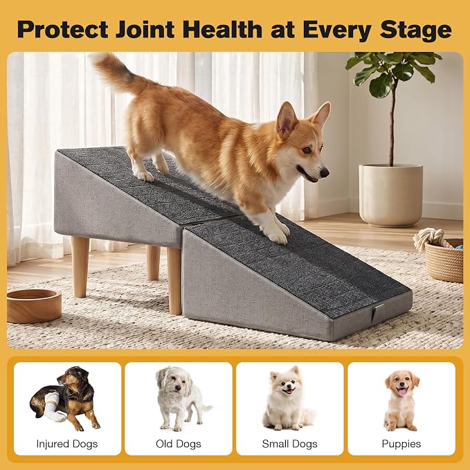 2-in-1 Folding Dog Ramp & Stairs for Small Dogs and Cats – Split Ottoman for Couch/Bed, with Removable Washable Anti-Slip Mat & Cleaning Brush (Light Grey Dog Ramp)