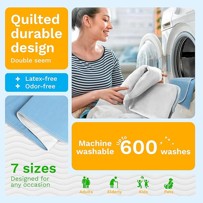 GREEN LIFESTYLE Washable Underpads - Large Pads for use as Incontinence Bed Pads, Reusable Pet Pads, Great for Dogs, Cats, Bunny, Seniors Bed Pad (Pack of 4-34x36)