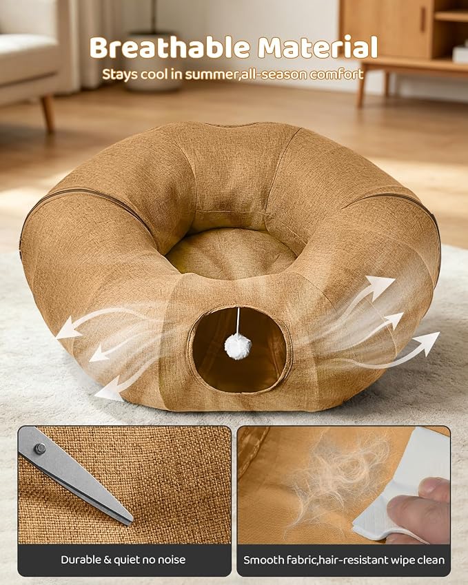 Odoland Cat Tunnels Bed for Indoor Cat with Interactive Cat Toys, Cat Tube with Washable Cushion for Small Large Cats, Round Pet Peekaboo Cave for Kitten, Adult Cats and Rabbit
