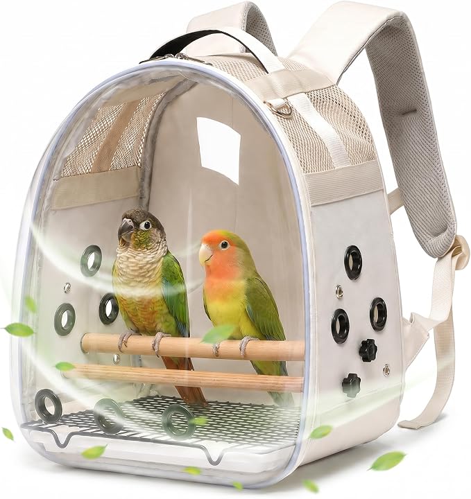 Bird Carrier Backpack for Small Medium Birds, Bird Travel Cage with Adjustable 2 Wooden Perches, Removable Tray, Feeder Cups Sunshade Cover,Bird Backpack for Parakeet Cockatiel Conure Quaker Lovebird