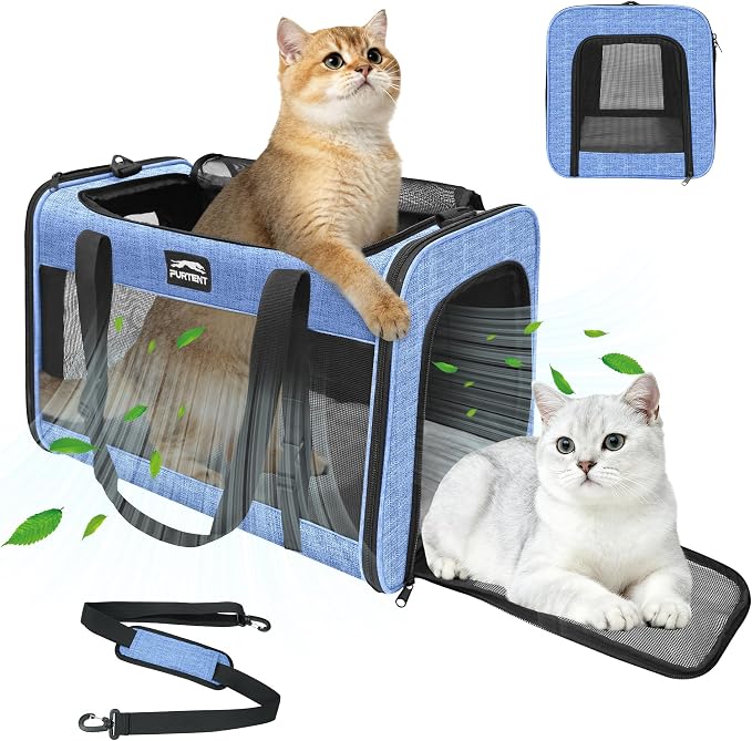 Soft-Sided Large Cat Carrier for 2 Cats, Spacious Foldable Pet Travel Carrier for Large Cats up to 25 Lbs, Double Cat Bag with Shoulder Strap, 20x13x13 Inch, Fits Maine Coon and Small Dogs, Blue