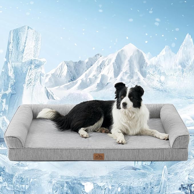 COZY KISS Cooling Dog Bed for Extra Large Dogs, 48"x32" Orthopedic Foam Sofa with Bolster Sides, Q-Max >0.4 Cooling Technology, Cool Pet Bed with Removable Washable Cover, Grey