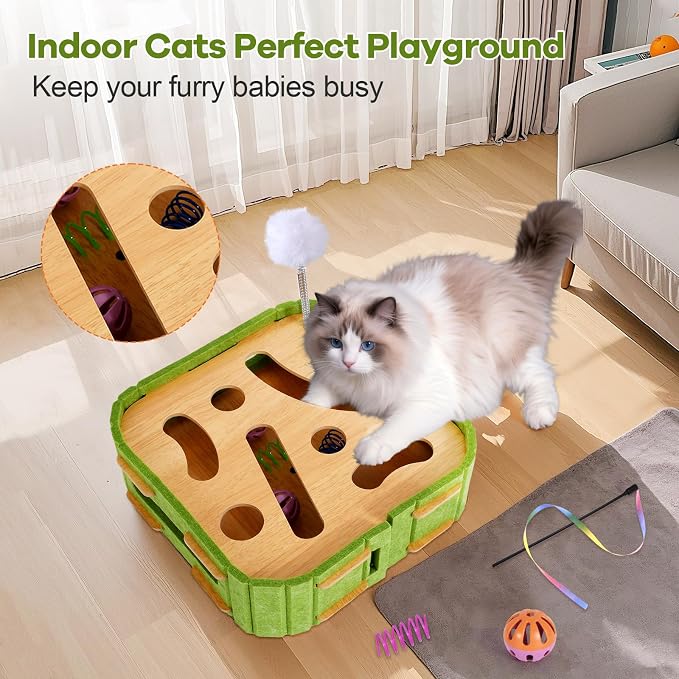 Cat Puzzle Box Toy for Indoor Cats Boredom Relief Interactive Wooden Cat Enrichment Maze with Jingle Balls, Feather Wands & Spiral Springs, Slow Feeder Treat Dispenser for Kittens & Adult Cats