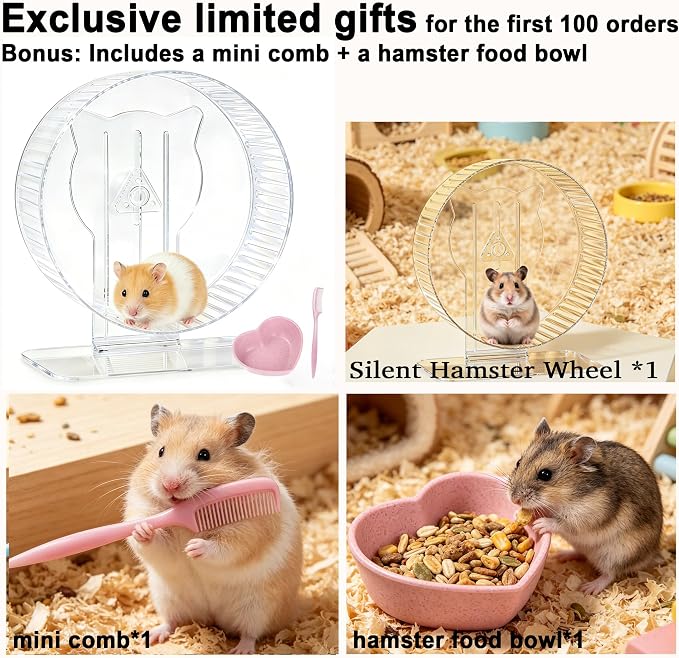 Silent Hamster Wheel 9.3 Inch, Quiet Spinner Running Wheel with Adjustable Stand & Non-Slip Track – Ideal Small Animal Cage Accessories for Hamsters Gerbils Dwarf Syrian Mice