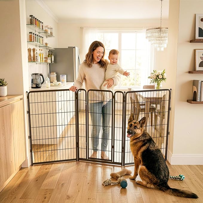 FXW Dog Gate Extra Wide Designed for Indoor Use, Adjustable Width Up to 83-inch Wide (45" H 3 Wire Panels for Large Dogs), Black
