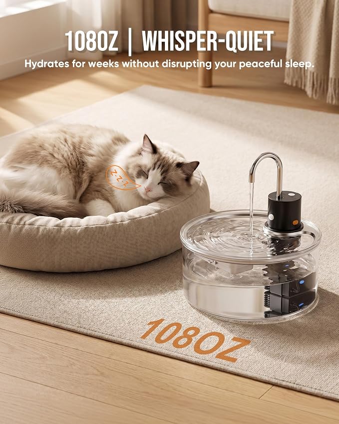 Wireless Cat Water Fountain Glass DIY - 108oz/3.2L Automatic Ultra-Quiet Cat Water Fountain Cordless, Glass Battery Operated Pet Fountain Rechargeable Water Dispenser for Cats, Puppy, Multiple Pets