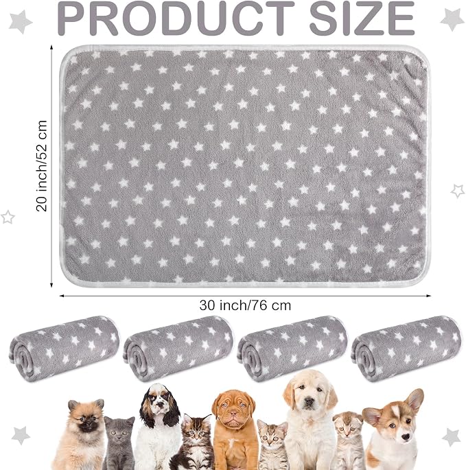 Tranqun 4 Pcs Puppy Pee Pads Waterproof Reusable Training Washable Pee Pads for Dog Cat Throw Blanket Pet Crate Mats Blanket Stars Pattern Animals Cage Liner(Gray,20 x 30 Inch)