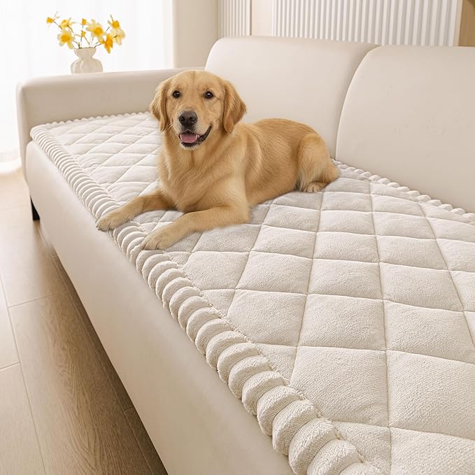 Smiry Couch Cover for Dogs, Non Slip Washable Pet Sofa Protector for Large Dogs, Cats, Fuzzy Plush Sofa Covers for 2 Cushion Couch, Against Fur, Dirt & Scratch Resistant, White, 27.6"×47"
