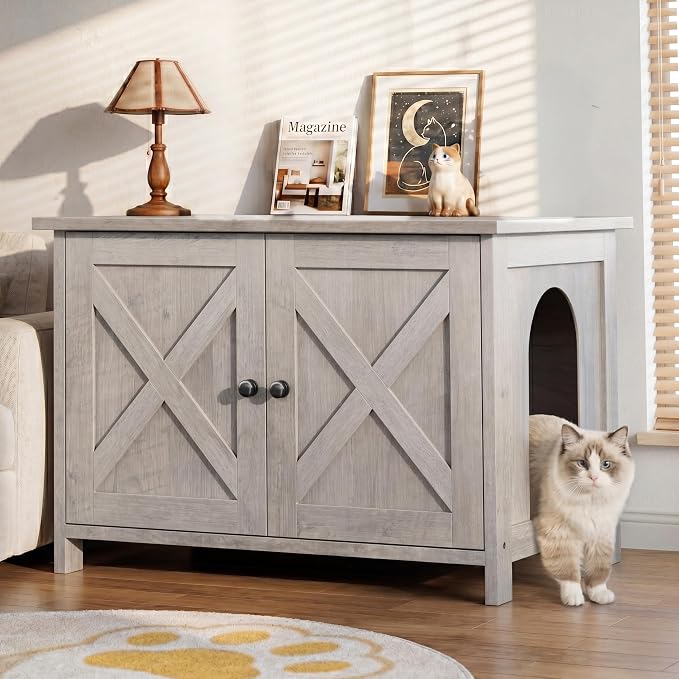 Shintenchi Cat Litter Box Enclosure, Litter Box Furniture Cabinet Hidden with Removable Divider, Wooden Cat House with End Table, Grey, 30.5 inch
