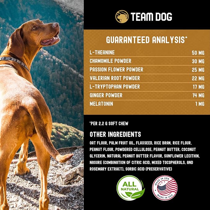 TEAM DOG Calming Chews - Anxiety Relief Treats | Natural Calming Bites with Melatonin, Chamomile, Valerian & Passion Flower | 120 Soft Chews for Large & Small Dogs | Delicious Peanut Butter Flavor
