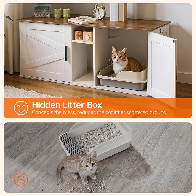 HOOBRO Double Litter Box Enclosure, Modern Cat Litter Box Furniture with Storage and Mat Design, Farmhouse Hidden Litter Box Enclosure with 2 Hooks, White and Walnut WH23MW01
