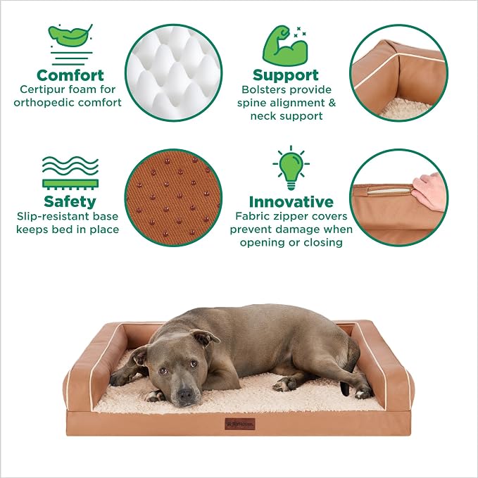 Furhaven Orthopedic Dog Sofa Bed – Memory Foam Couch with Bolsters, Textured Plush & Water-Resistant Cover, Washable Cover, Joint Support - Camel, Medium