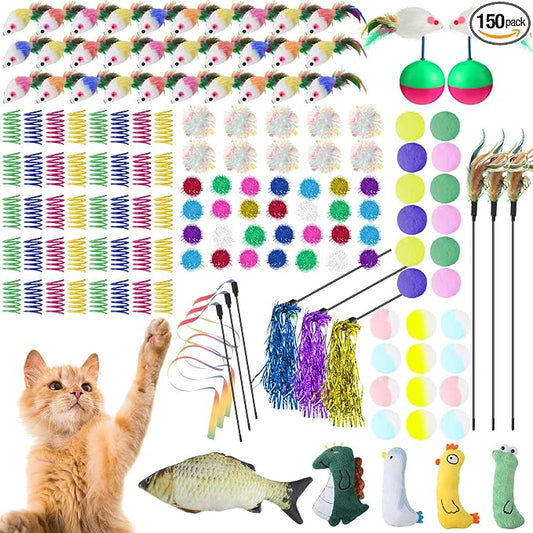 Shappy 150 Pcs Cat Toys for Indoor Cats Bulk, Kitten Toys Pack, Variety Interactive Gift Including Mice Interactive Silent Ball Spring Crinkle Balls Gift for Kitty Kitten Cat