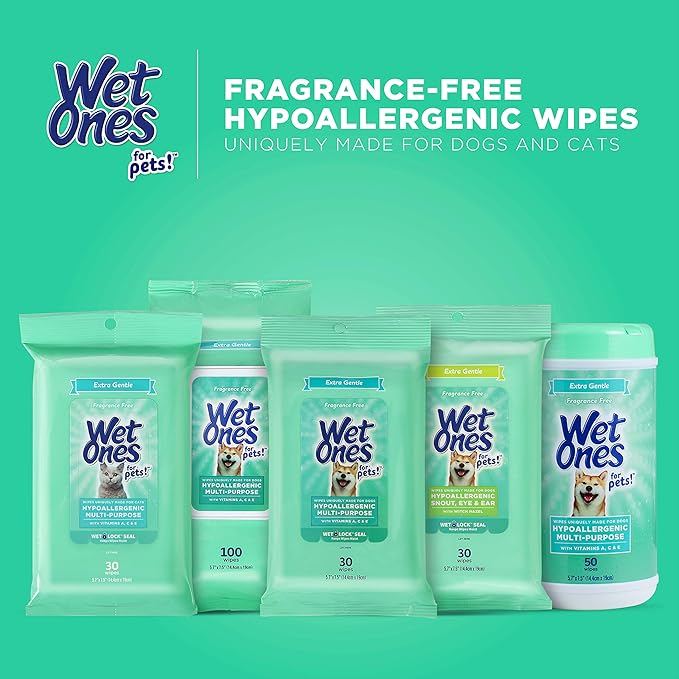 Wet Ones for Pets Hypoallergenic Multipurpose Dog Wipes with Vitamins A, C and E - Fragrance-Free All-Over Pet Grooming Wipes for Dogs in Canister, 50 Count - 12 Pack