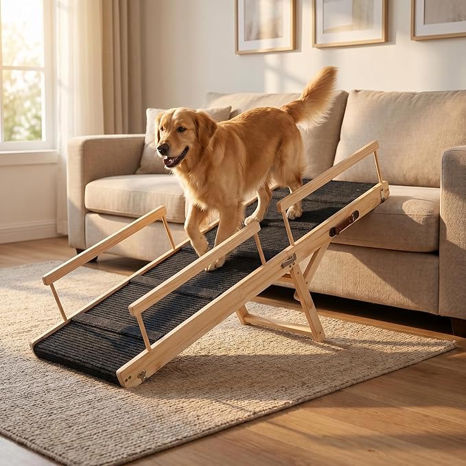 Wooden Dog Ramp for Bed and Couch, 4 Adjustable Heights Folding Pet Ramp with High Traction Fabric Surface, Portable Solid Pine Wood Dog Steps for Couch, Max 45KG (Large)