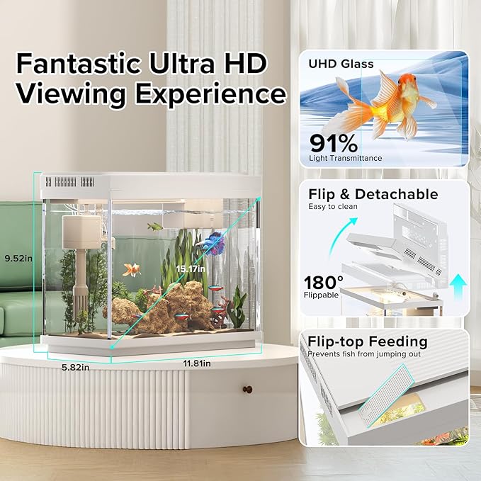 Vehipa Aquarium, 2.4 Gallon Betta Fish Tank with Heater, Humidifier 3 in 1 Pump - Filteration & Oxygenation & Circulation, Temperature Display, HD Glass, Timed 7-Color Lights