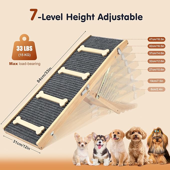 Pawaboo 2026 Upgraded Dog Ramp for Couch, Foldable Small Dog Ramp for Sofa with 7 Adjustable Heights from 2.2" to 18.5", Portable Non-Slip Pet Ramps for Couch Sofa, Wood