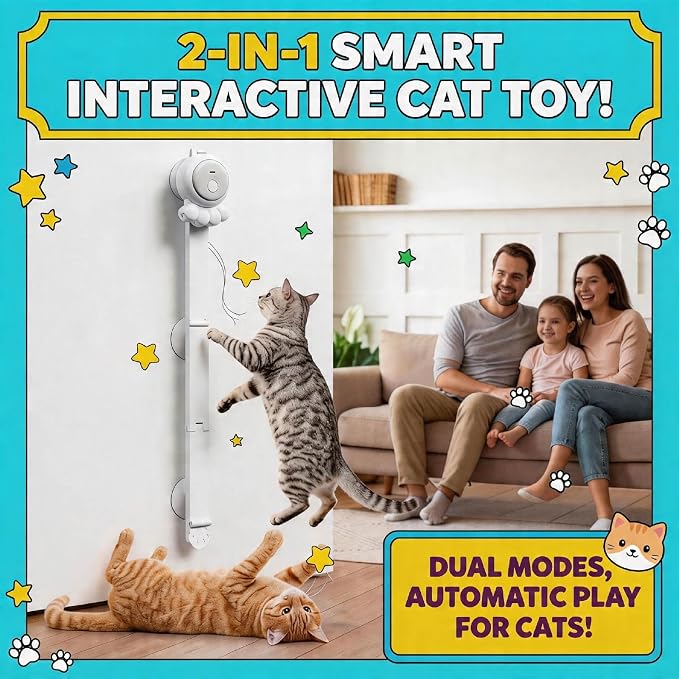 2-in-1 Electric Cat Wand – Rechargeable Auto Indoor Toy, Suction & Hanging Design, 2 Modes (Track Chase + Bounce),Perfect for Kittens & Adult Cats, Ultimate Cat Gift