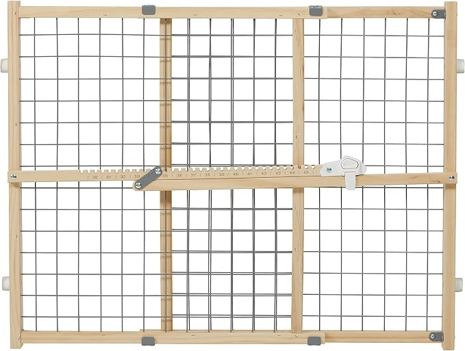 New World Wire Mesh Pet Safety Gate, Dog Gate Expands to 41.5 Inches Wide, 24 Inches Tall, No Damage to Walls, Natural Wood and Powder Coated Wire