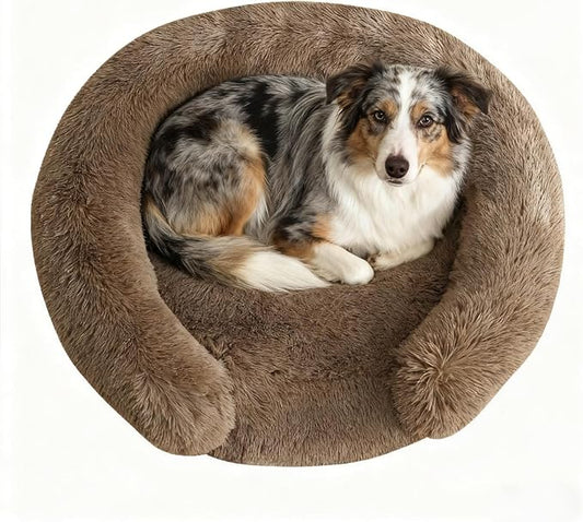 Calming Dog & Cat Beds with Orthopedic Egg-Crate Foam Raised Rim, Soft Fluffy Faux Fur Pet Sofa Couch Bed for Medium Dogs, Anxiety Relief Spine Support, Machine Washable (Round, Coffee 28")