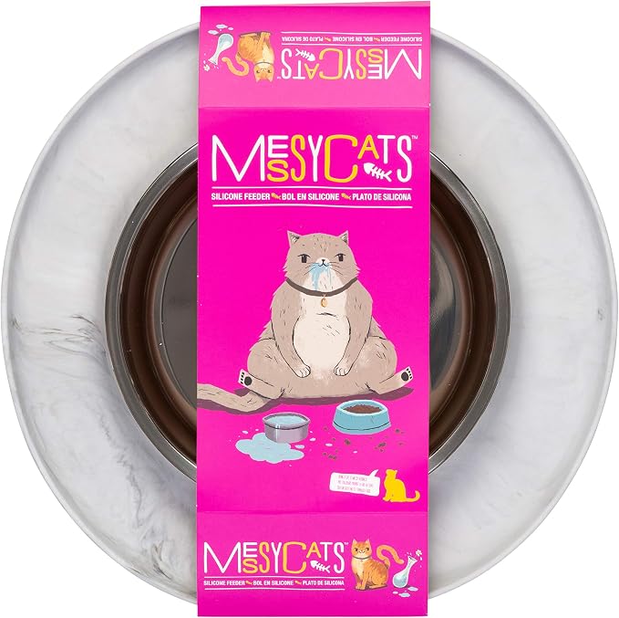 Messy Cats Single Silicone Feeder with Stainless Saucer Shaped Bowl | Anti-Slip Non-Skid Cat Food Bowl | One Cat Bowl in Feeding/Water Station | 1.75 Cups (Marble)