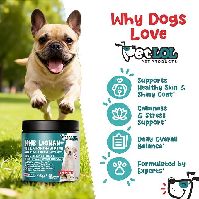 HMR Lignan + Melatonin + Biotin + Milk Thistle for Dogs | 4-in-1 Formula | Adrenal Support & Normal Cortisol Levels | Skin, Coat, & Digestive Health | 90 Chewable Tablets | Natural Beef Flavor