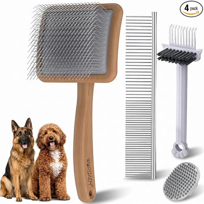 WPQAEM Dog Slicker Brush for Large Dogs, 4PCS Grooming Kit for Thick, Curly & Double Coats (Poodles, Goldendoodle, German Shepherd), Wood Handle - Naturally