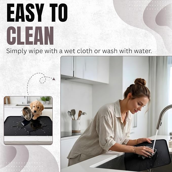 Silicone Pet Feeding Mat 2 Pack 19 x 12 Inch Waterproof Dog & Cat Food Mat with Raised Edge, Non Slip BPA Free Dog Bowl Mat for Food and Water Bowls, Spill Proof Floor Protector (Black)