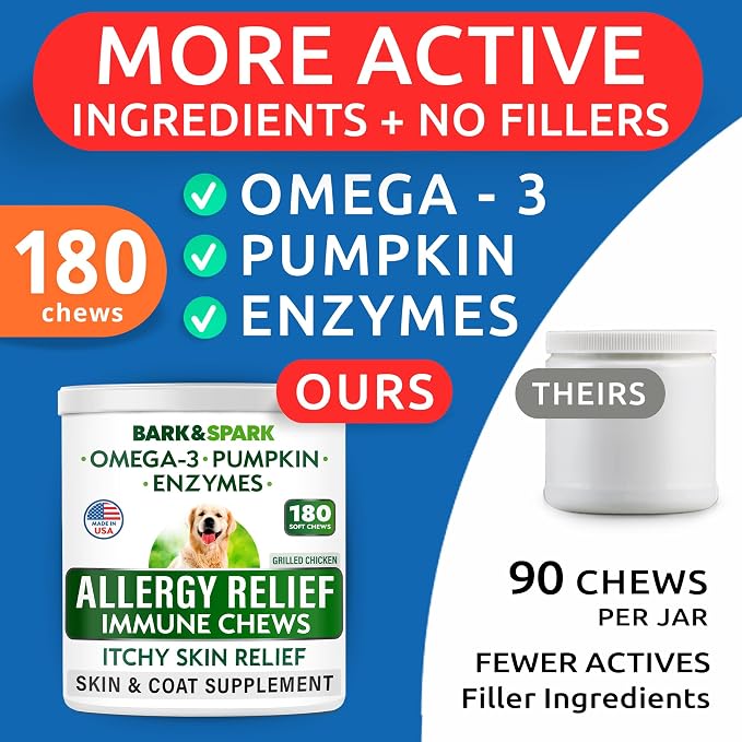 BARK&SPARK Dog Allergy Relief Soft Chews for Skin Health & Seasonal Allergies - Anti-Itch Supplement w/Omega-3, Quercetin & Bromelain Immune Treats for Dry Skin & Hot Spots - Grilled Chicken - 180ct