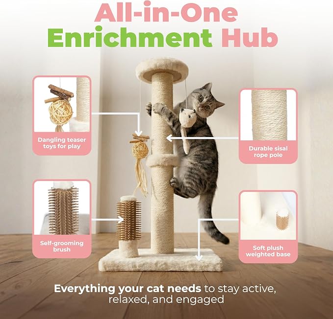 Best Pet Supplies Catify Cat Scratcher, Fun Interactive Scratchers, Posts, Poles, Claw Safe, Furniture Saver Indoor Play Support Natural Cat Behaviors Heavy Duty - Beige Scratching Post - H: 25"